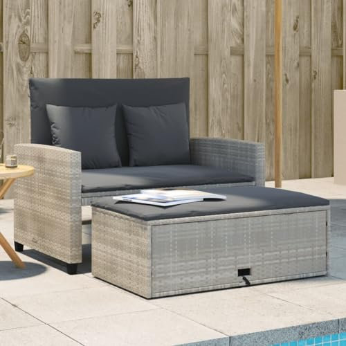 JUDYY Gartensofa mit Kissen 2-Sitzer Hellgrau Poly Rattan, Gartenlounge, Garden Sofa, Balkonmöbel, Gartenmöbel, Loungemöbel - 365137
