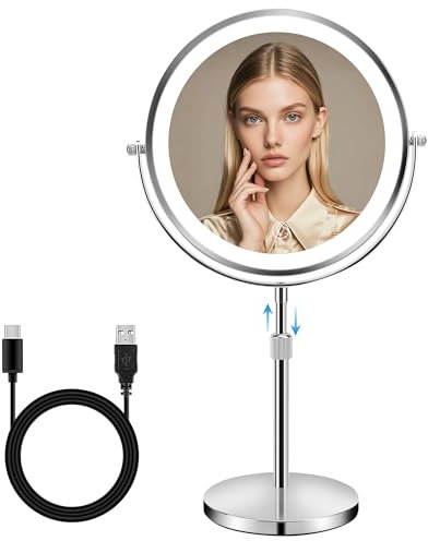 MEKOTRIN Espejo de Maquillaje de Doble Cara de Altura Ajustable con Luz, 3 Colores de Luz LED e Interruptor Táctil, para Cuidado Personal y Maquillaje (10X)