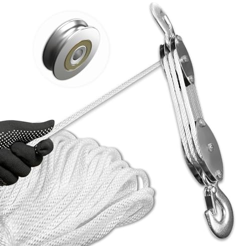 SALIFTFE Block and Tackle Pulley System, Upgraded 3-Wheel Rope Pulley Hoist, 5:1 Lifting Power, 1100LB Work Load with 55Ft of 1/4 Rope, Ultra-Compact Rope Hoist for Garage, Hunting, and Heavy Lifting