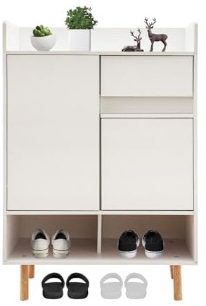 Zapatero ajustable con estantes de madera, zapatero, estrecho, cerezo, color madera/blanco, para botas de tacón alto (blanco)