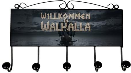 speecheese Kleiderhaken Leiste mit 5 Haken Willkommen in Walhalla Lustige | Wikingerschiff Garderobenleiste mit Wikinger-Spruch für Wand