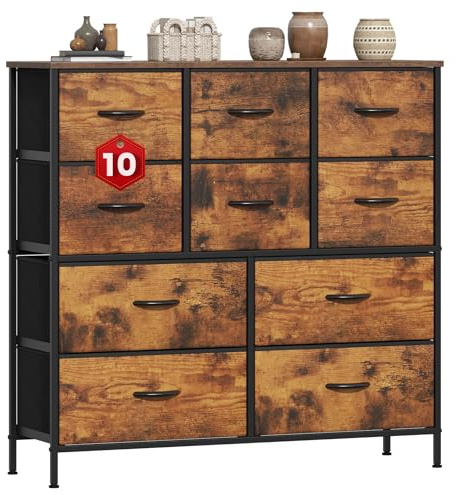 GoaHi Chest of Drawers, Large Dressers with Metal Frame and MDF Wooden Top Board, Adjustable Feet, Anti-Tip Safety, Storage Unit with 10 Drawers for Bedroom, Living Room, Closet, Office Rustic Brown