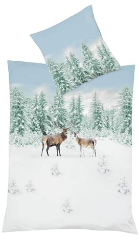 JACK by Fleuresse Mako Satin Wende Bettwäsche 2tlg. 135x200cm Hirsch Wald Winterlandschaft Weiß Blau Grün