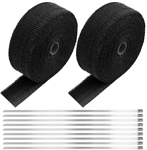 MUNGHOK 2 Stück Hitzeschutzband Schwarz 15m x 50mm, Basaltfaser Auspuff Hitzeschutzband Motorrad mit 20 Edelstahl Kabelbinder, Auspuffband für Auto Fächerkrümmer Thermoband Krümmerband