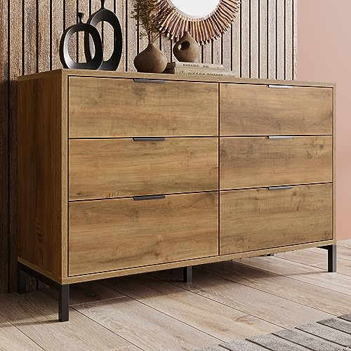 RIAZOS Kommode mit 6 Schubladen, Anrichte, Schubladenschrank, Highboard, Sideboard, 120 x 40 x 83 cm in Dunkle Eiche, für Schlafzimmer & alle Wohnräume