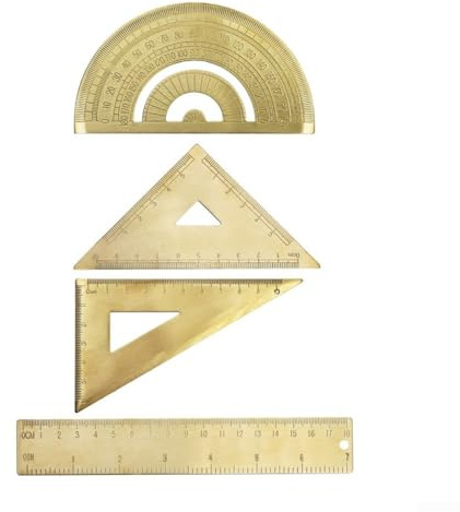 Marchfunny 3-teiliges Messing-Lineal, Messing-Zeichenwerkzeug-Set, Dreieck, Winkelmesser, Lineal-Set mit Skalenmessung für technisches Zeichnen, Gold