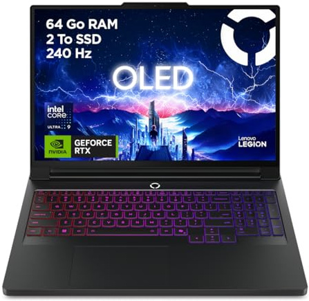 Lenovo Legion Pro 7 16IAX10H - Ordinateur Portable Gaming 16'' OLED WQXGA 240Hz (Intel Ultra 9 275HX, RAM 64Go, SSD 2To, NVIDIA RTX 5090 24GB, Windows 11) Clavier rétroéclairé AZERTY Français - Noir