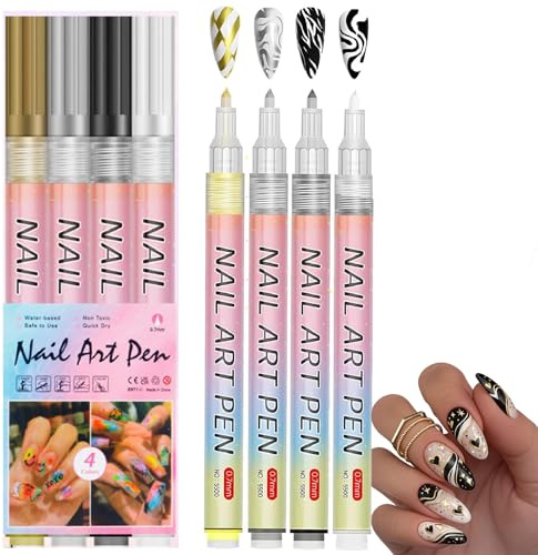4-Piece Nail Art Pen Set with 0.7mm Fine Tips for Precise Line Work and Detailed Nail Decoration - Black, White, Gold, Silver Acrylic Paint Markers, Quick-Drying, Water-Based, Non-, Suitable for Home