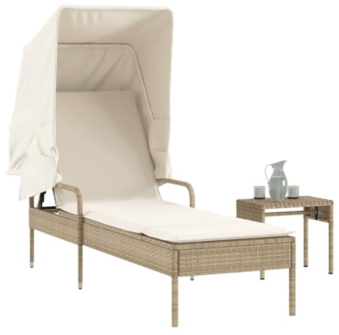 Frdhee Strandkorb, Sonnenliege mit Dach und Tisch Beige Poly Rattan Saunaliege Klappbar für Balkon, Terrasse, Camping