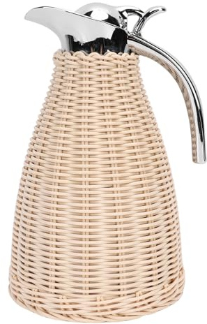 Jenngaoo Thermoskanne Rattan-Geflecht 1,5L | Isolierkanne aus Edelstahl, 12h Warm/24h Kalt, für Kaffee, Tee, Zuhause, Büro, Beige
