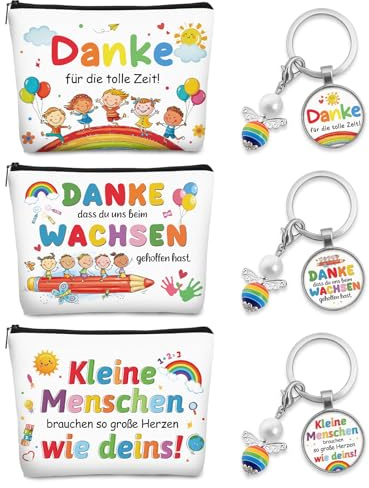 Abschiedsgeschenk Erzieherin, 3 Stück Make-Up Taschen mit 3 Stück Schlüsselanhänger, Dankeschön Geschenke für Erzieherin Kindergarten Lehrer Lehrerin Tagesmutter, Erzieherin Geschenk Abschied