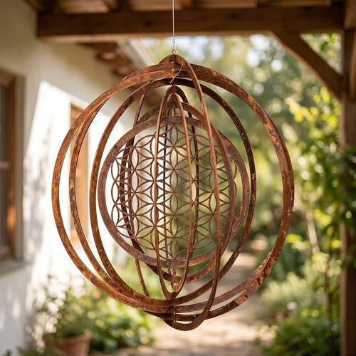 WRQIOO Windspiel Garten Rostoptik Blume des Lebens, ø25cm Windspiele für Draußen Hängend, Windspiel Metall 3D, Gartendeko Vintage für Outdoor, Balkon