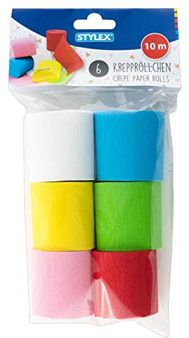 Stylex 14022 - Krepppapier Rollen, Kreppband 6 x 10 m in den Farben weiß, gelb, rosa, hellblau, hellgrün und rot, ideal zum Basteln und als Dekoration