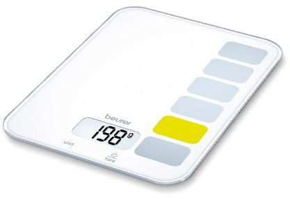 Beurer KS19 - Balanza de Cocina Bon Appetite, medicíón 5 kg, 1 gr, pantalla LCD, botón táctil, vidrio de seguridad, auto tara, apagado automática, aviso sobrecarga, Color Blanco