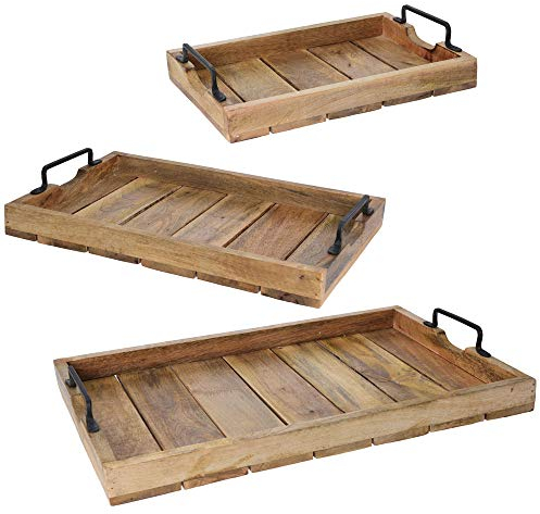 Plateau de rangement, service, vintage, rétro à lattes en bois avec poignées Marron, Bois dense, Taille L