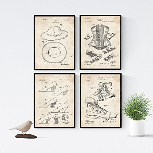 VINTAGE - Pack mit 4 Poster mit Mode Patenten. Stellen Sie Plakate mit Erfindungen und alten Patenten. Wählen Sie die Farbe, die Sie mögen.