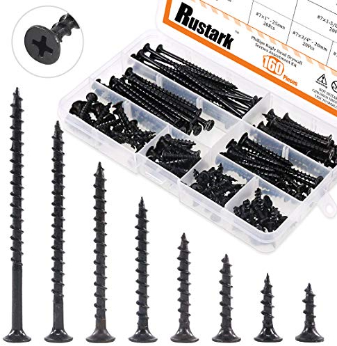 Rustark - Tornillo de 160 piezas de rosca gruesa #7 con destornillador Phillips Drive de óxido negro para cabeza de abeto de madera Kit surtido de tornillos ideal para paredes secas