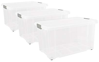 Unimet 3 Stück Eurobox mit Deckel und Rollen 60 x 40 x 33 cm Transparent Griffe Silber