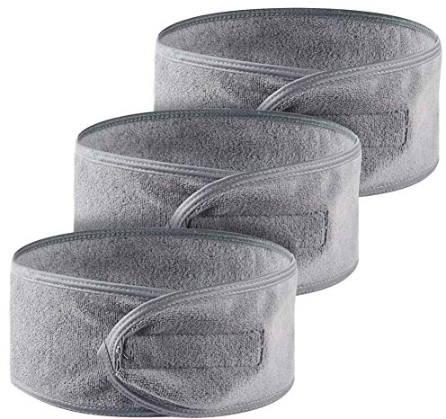 Queta Haarband für Make Up, Kosmetik Stirnband Frottee, verstellbare Haarschutzband mit Klettverschluss 3pcs (Grau, Normal)