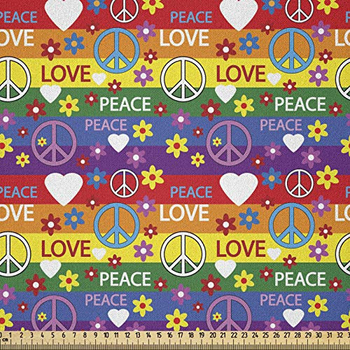 ABAKUHAUS Hippie Stoff als Meterware, Herz-Frieden, Microfaser Multi Zweck Dekostoff für Kunsthandwerke, 3M (230x300cm), Lila Grün Rot