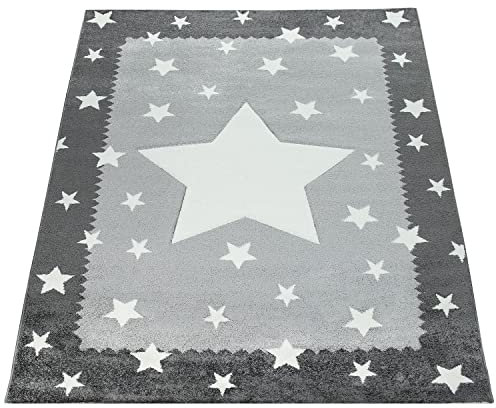 Paco Home Kinderteppich Grau Weiß Kinderzimmer 3-D Bordüre Sternen Design Weich Robust, Grösse:140x200 cm