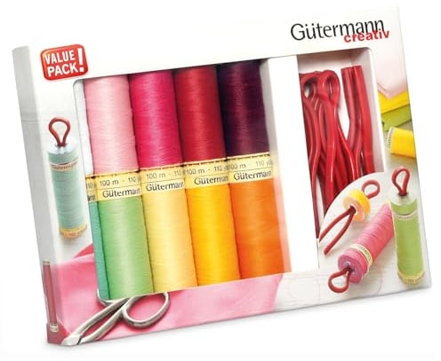 Gutermann Fil Ensemble avec 10 Bobine Détenteurs, Polyester, Coloris Assortis, 100m