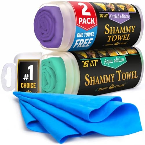 Mighty Cleaner Paquete de 2 paños de Gamuza prémium + 1 paño de Gamuza para Secado de Coche, 26 x 17 Pulgadas, Toalla de Gamuza súper Absorbente para Coche, sin arañazos, Reutilizable y Suave