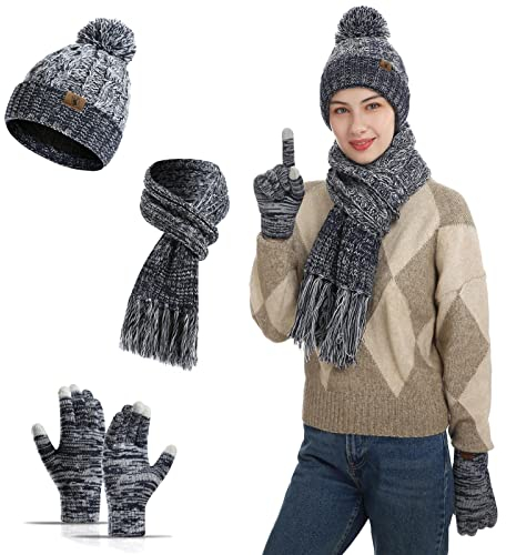 Meajore MüTze Schal Handschuhe Damen Set 3 in 1 Winter Warm Beanie Touchscreen Handschuh Und Lang Schal StrickmüTze Set