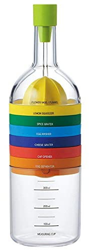 Essential 8 in1 Kitchen Tool Bottle.Multipurpose Kitchen Gadget 8 Cooking Utensils Set: Funnel,Measuring Cup,Lemon Squeezer, Potato Masher,Cheese Grater,Spice Grater,Egg Separator and Can Opener