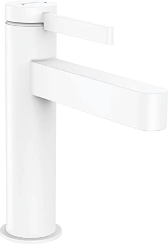 hansgrohe Waschtischarmatur Finoris, Wasserhahn Bad mit Auslauf Höhe 110 mm, mit Push-Open Ablaufgarnitur, Badarmatur wassersparend, Mattweiß