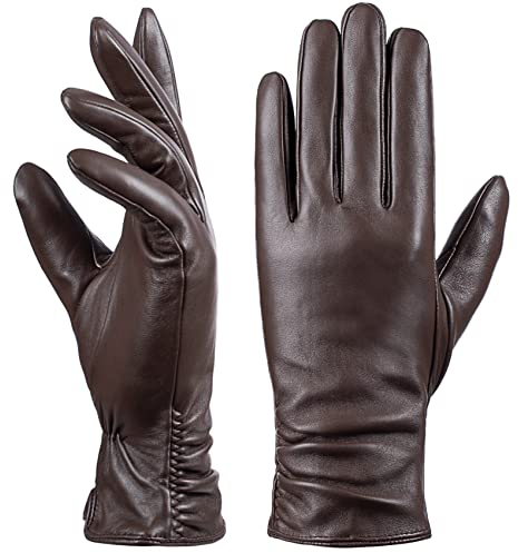 Damen Winter-Lederhandschuhe mit Touchscreen Text, warmes Lammfell, 100% reines echtes Leder (Braun, S)