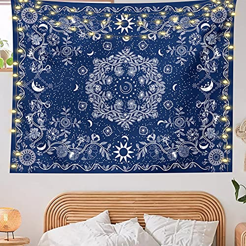 Wandteppich, Bohemian-Stil, Blumenranke, Wandbehang, himmlische Sonne, Mond und Stern, Wandteppich, Hippie, Heimdekoration, Boho-Tapisserie für Schlafzimmer, Ästhetisch, dunkelblau, mittel (50x60 cm)
