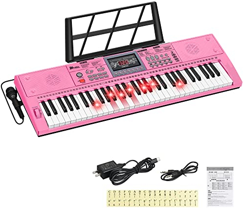 24HOCL Elektrisch Klaviere 61 Beleuchtete Tasten, Musikalisch Digital Klaviertastaturen 200 Rhythmen LCD-Bildschirm für Kinder Anfänger Lighted Keys_2 Rosa