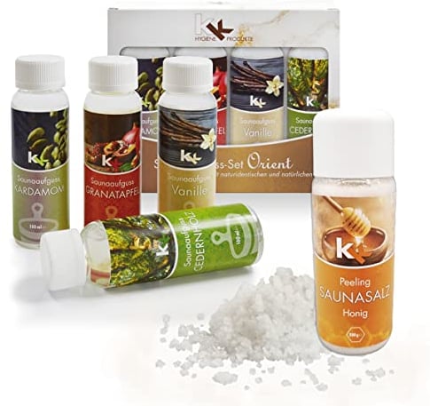 KK Sauna -Set mit Salz Peeling | KK Saunaaufgussset Orient 4 x 100 ml + 200 g KK Saunasalz Honig | Saunakonzentrat + Sauna Peeling Salz Honig
