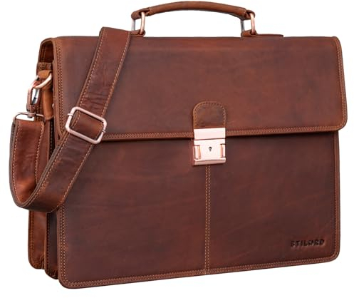 STILORD 'Apolonius' Arbeitstasche Herren Leder Vintage Aktentasche Umhängetasche Dokumententasche A4 15,6 Zoll Laptop Tasche für Büro Business Echtleder, Farbe:porto - cognac