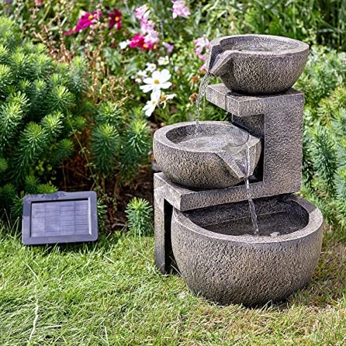 Festive Lights - Solar Gartenbrunnen 3-Stufige Stein Kaskade, Springbrunnen Wasserspiel, IP44 Wasserdicht, Vogelbad Wasserfall, inkl. Pumpe Grauer Steineffekt