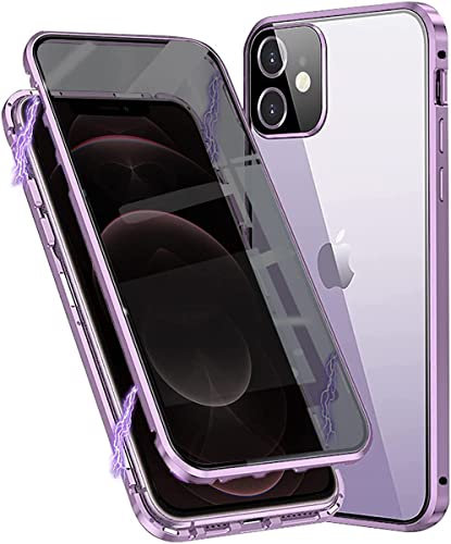 SIMao Anti-Espion Coque Compatible pour iPhone 14 Pro,360 Degrés Métal Bumper Protection Housses Adsorption Magnétique Étui avec Objectif Caméra Arrière Cover,Film Verre Trempé Confidentialité,Violet