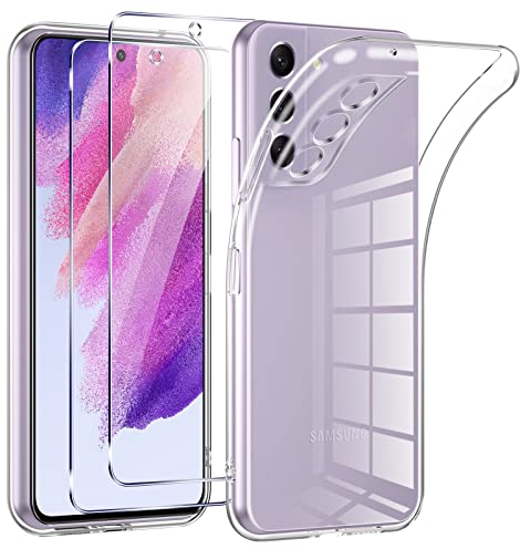 Phoona HandyHülle für Samsung Galaxy S21 FE 5G Hülle mit 2 Stück Panzerfolie,Dünne Weiche TPU Silikon Transparent Stoßfest Schutzhülle für Samsung S21 FE 5G Hülle Klar Kratzfest