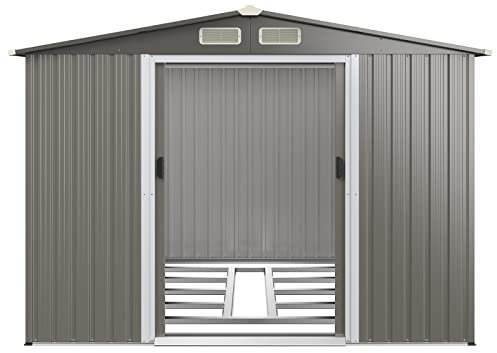 GOPLUS 5,4㎡ Abri de Jardin Métal avec Base, Cabine de Jardin Extérieur Portes Coulissantes, Cabane de Rangement à Outils, 260 x 207 x 181cm, Toit Gris Foncé