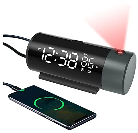 FanJu Digital Projektionswecker mit Temperatur und Zeit-Projektion, für Schlafzimmer, mit USB-Anschluss,Helligkeit automatisch einstellen, 12/24H, Zwei Wecker mit Schlummer.