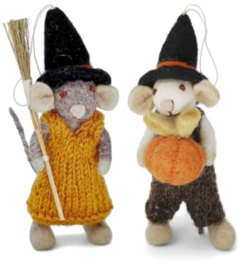 Gry & SIF Filz-Mäuse mit Halloween-Accessoires | handgemachte Herbst-deko zum Aufhängen oder Hinstellen, Halloween-deko, Fairtrade, I Weiß mit Kürbis und Grau mit Besen 12cm