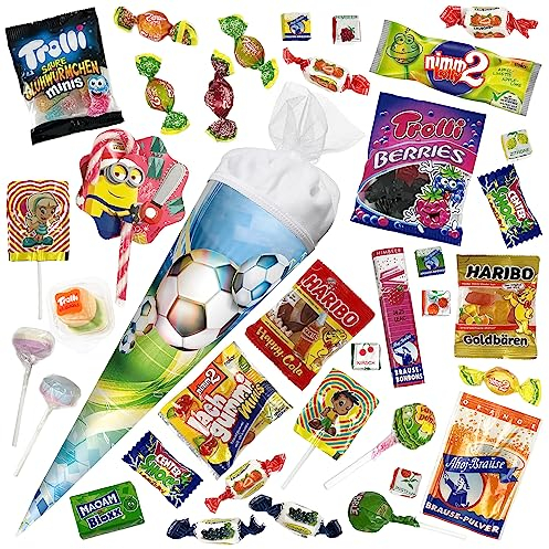 OYOY 35cm Schultüte gefüllt mit Süßigkeiten Mix I ROTH Schultüte Fussball I kleine Schultüte gefüllt I Geschwister Schultüte I Einschulung Geschenk