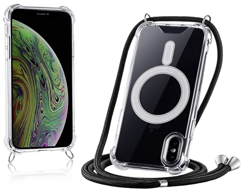 JProtect für iPhone XS Max Hülle mit Band und MagSafe – Magnetische Handykette für iPhone XS Max Magnet – Durchsichtige Umhängehülle Band Schwarz – Kette Handyhülle für MagSafe Zubehör