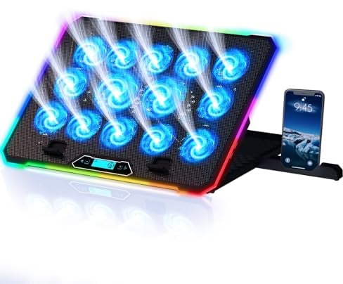 KLIM V14 Gaming Laptop Cooling Pad mit 14 Lüftern - Neu - Gaming Laptop Kühler - Stabiler RGB Notebook Ständer mit Lüfter - Kompatibel bis zu 17 - 2 USB Ports - Handyhalterung - 5 Jahre Schutz