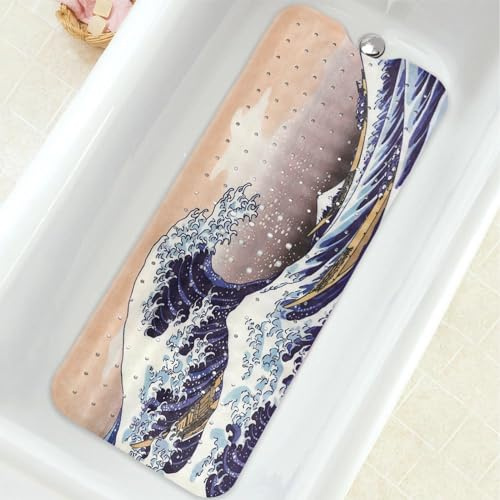Badewannenmatte, rutschfest, japanische Welle, extra lang, Badewannenmatte, Duschbodenmatte mit Saugnäpfen und Abflusslöchern, für Erwachsene, Kinder, ältere Menschen, 101,6 x 40,6 cm