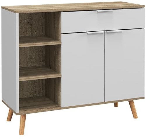 HOMCOM Aparador de Salón Moderno Aparador de Cocina con 1 Cajón 2 Puertas de Cierre Suave y Estantes Ajustables para Comedor Pasillo Dormitorio 95x35x85 cm Blanco y Natural