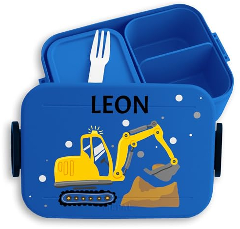 Kinder Bento Box Midi Lunchbox für Mepal Bentobox - Brotdose Bagger mit Name personalisiert I Baggerfahrer I Bagger Fan Baumaschine - 900 ml - Blau - personalisierte geschenke kind