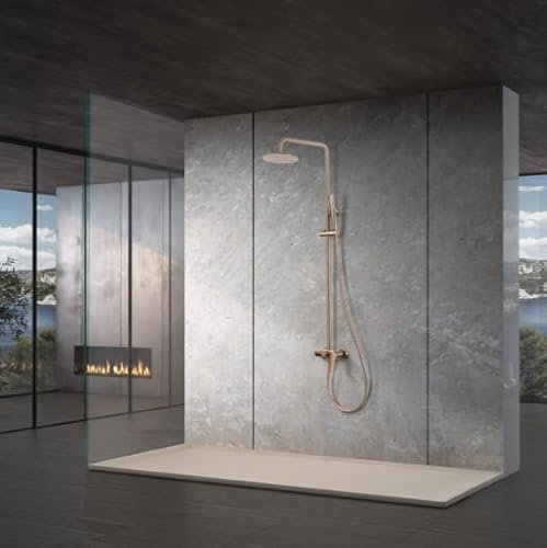 IMEX - Columna Ducha Oro Rosa Cepillado con Grifo | Kit de Ducha Monomando con Alcachofa y Rociador Antical | Griferia en Latón y Acero Inox S.304 con Barra Extensible | Serie Delos
