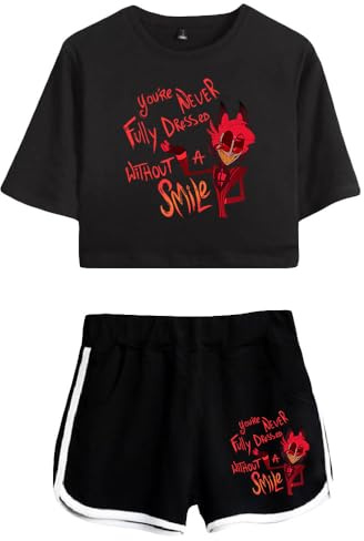 LKY STAR Anime Hazbin Hotel T-Shirts und Kurze Hose Set Charlie Morningstar Vaggie Cosplay Crop Top und Shorts 2pcs für Damen Mädchen