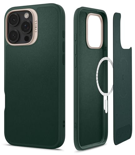 CYRILL by Spigen Kajuk Mag Case Compatible with iPhone 16 Pro (2024), Premium Vegan Leather Case [Compatible with MagSafe] - Forest Green